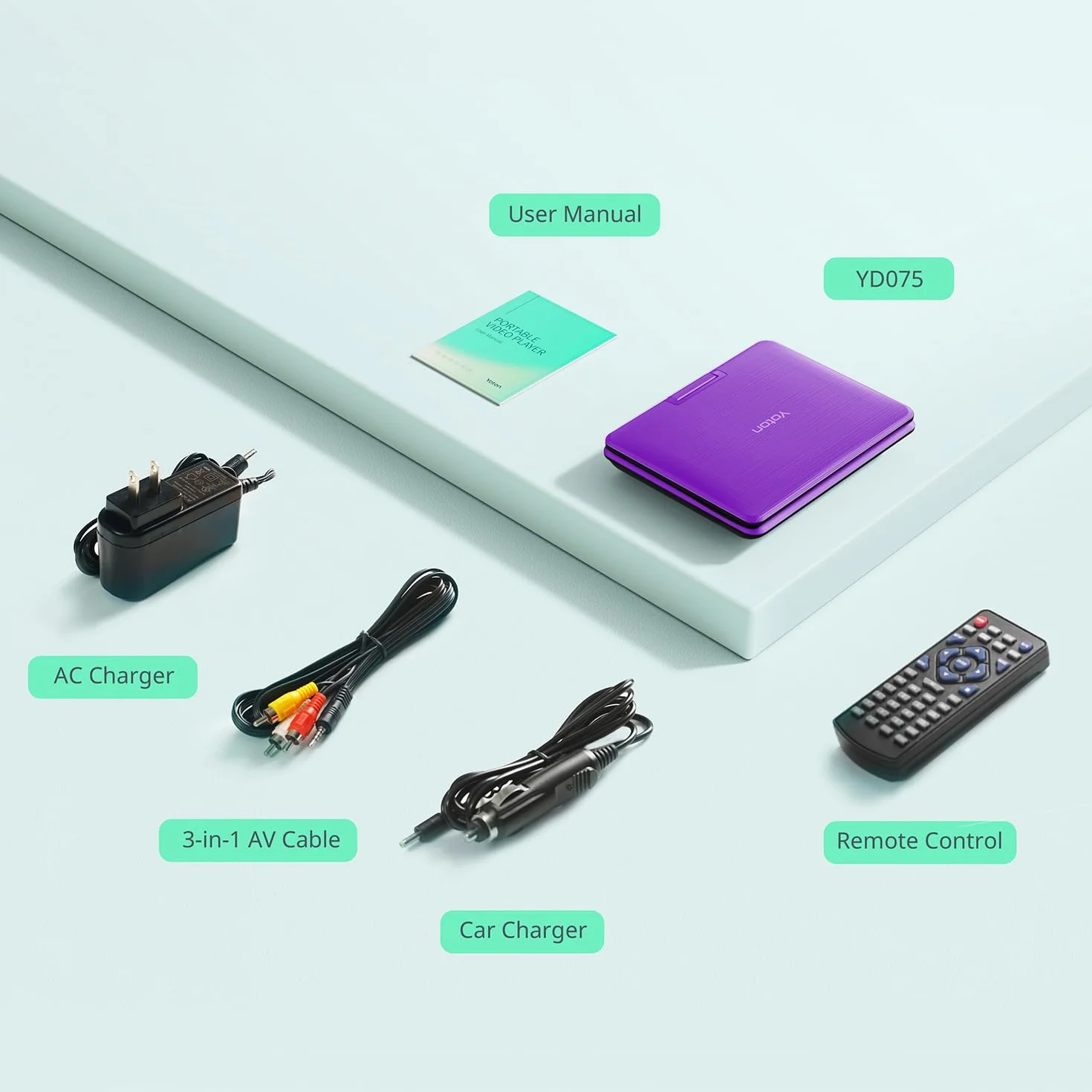 Yoton Lettore DVD portatile da 9,5 pollici per bambini e auto, schermo HD girevole da 7,5 pollici con 4-6 ore di batteria integrata, supporto schermo di sincronizzazione alla TV, supporto scheda
