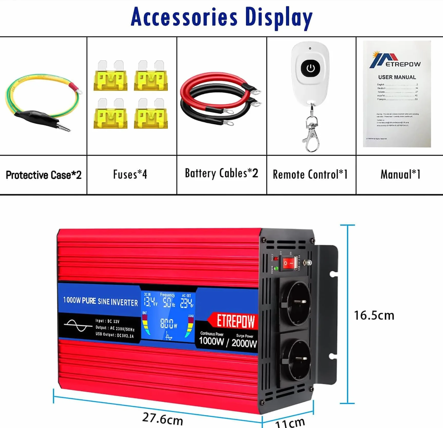 1000W Inverter 12V 220V Onda Sinusoidale Pura Trasformatore Con 2 Prese EU e USB, Telecomando Senza Fili,Display LCD,Picco 2000W