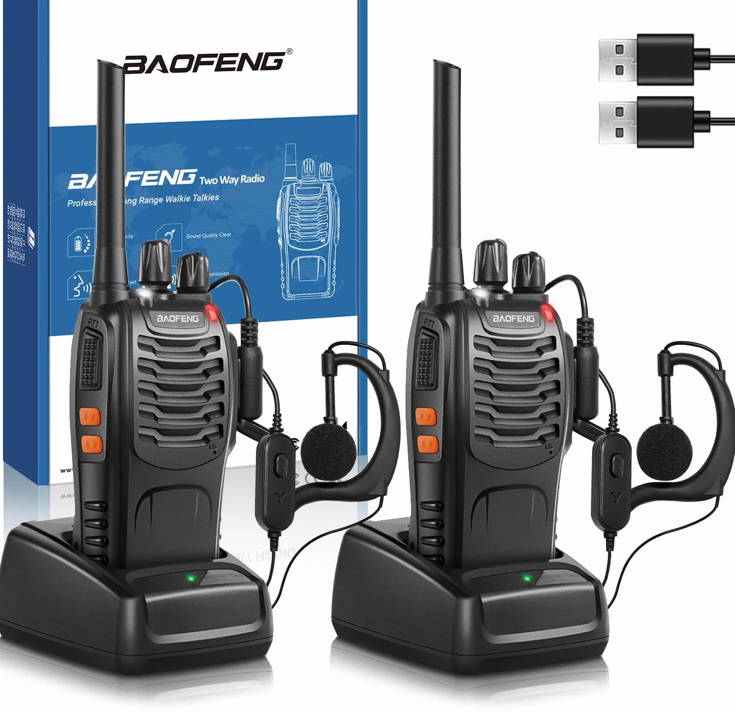 Baofeng Walkie Talkie PMR446 Senza Licenza, Antenna Non Rimovibile, 16 canali Walkie-talkie professionali ricaricabili a lungo raggio con base per caricabatterie USB e auricolari (2 pezzi)