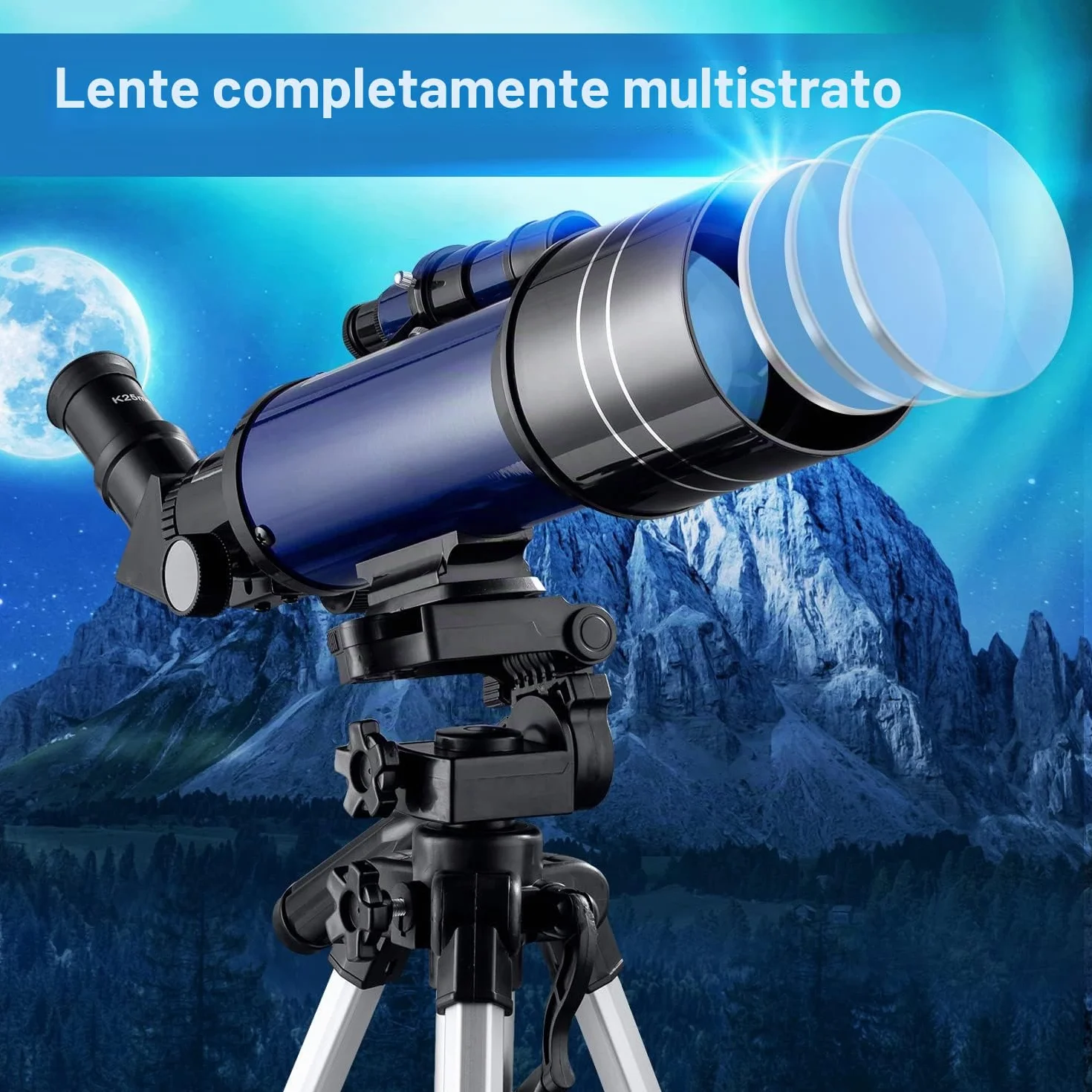 Telescopio Astronomico 70/400 per Bambini e Adulti Principianti, Riflettore con Treppiede Regolabile, Adattatore Smartphone, Oculari K6mm K25mm, Filtri Lunari, Zaino Portatile